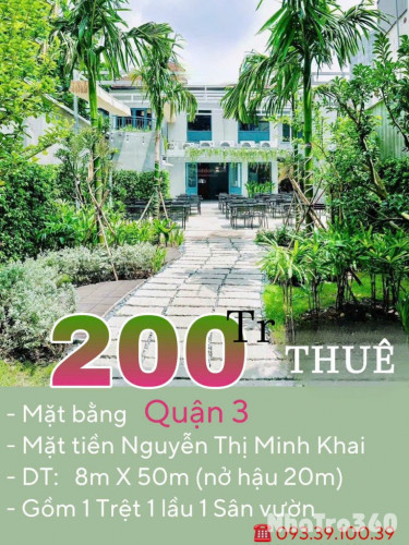 Thuê mặt bằng quận 3,- DT: 20m x 50m, 1 trệt 1 lầu 1 sân: chỉ 200 Tr/Th. Hoàng Vũ 0933910039