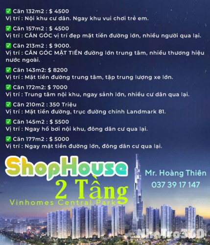 Thuê Shophouse 2 tầng Vinhomes Central Park, Tháng 10.2024 hơn 150m: 112 triệu.LH: 0373917147