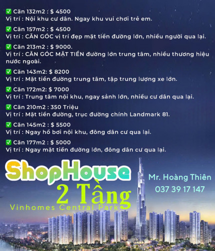 Thuê Shophouse 2 tầng Vinhomes Central Park, Tháng 10.2024 hơn 150m: 112 triệu.LH: 0373917147