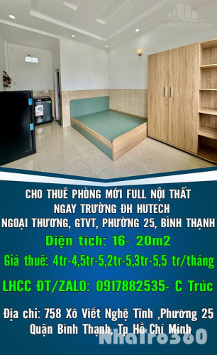 CHO THUÊ PHÒNG MỚI FULL NỘI THẤT NGAY TRƯỜNG ĐH HUTECH, NGOẠI THƯƠNG, GTVT