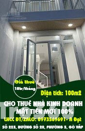 CHO THUÊ NHÀ KINH DOANH MẶT TIỀN MỚI 100% – SỐ 225, ĐƯỜNG SỐ 20, P.5, GÒ VẤP