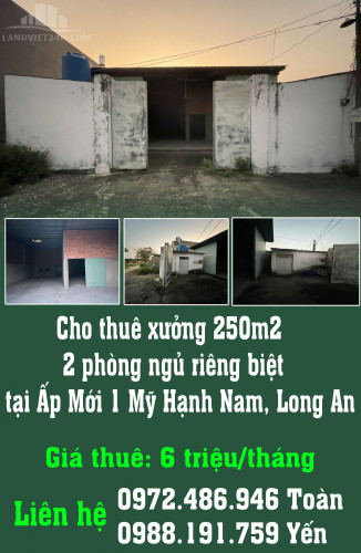 Cho thuê xưởng 250m2, 2 phòng ngủ riêng biệt tại Ấp Mới 1 Mỹ Hạnh Nam