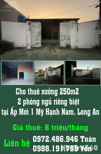 Cho thuê xưởng 250m2, 2 phòng ngủ riêng biệt tại Ấp Mới 1 Mỹ Hạnh Nam