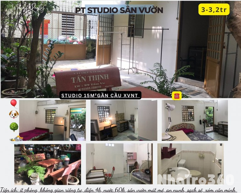 Phòng trọ đơn (giường,tủ lạnh) sân vườn rộng, gần hồ Xán Thổi, XVNT (2,8tr/th)