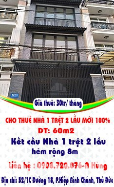 CHO THUÊ NHÀ 1 TRỆT 2 LẦU MỚI 100%, 60M2 ,5PN, HẺM RỘNG 8M- Đ,SỐ 18, P.HIỆP BÌNH CHÁNH