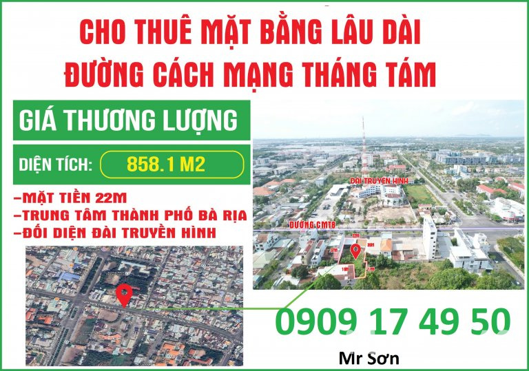 CHO THUÊ MBKD 860M² - MT ĐƯỜNG  CÁCH MẠNG THÁNG 8, TP. BÀ RỊA 25 TRIỆU/THÁNG