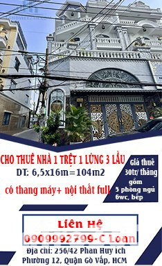 CHO THUÊ NHÀ 1 TRỆT 1 LỬNG 3 LẦU 104M2, 5PN, CÓ THANG MÁY+NỘI THẤT LÔ GÓC PHAN HUY ÍCH