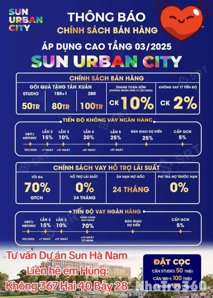 💥Dự Án Sun Urban City Hà Nam. 
Chính sách sản phẩm thấp tầng ,cao tầng dự án Sun UrBan City quá hấp dẫn.
👉 Chủ đầu tư chính thức ra hàng Phân khu Kim Ngân.
👉 Khách hàng hãy nhanh tay nhấc mấy liên hệ  với em để lựa chọn quỹ căn đẹp…
☎️Hotline em Hùng: 03