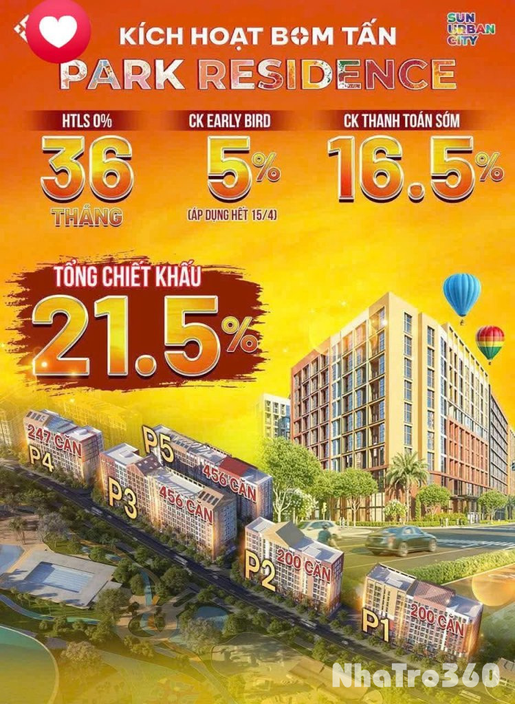 Park Recidence:
+ Chiết khấu booking sớm (EARLY BIRD): 5%
+ Thanh toán theo tiến độ: chiết khấu không vay được 1%
+ Thanh toán sớm 95% : chiết khấu 16,5% (đã bao gồm 1% không vay)
+ Thanh toán HTLS: 25% vốn tự có, 70% ngân hàng giải ngân (HTLS 36 tháng)

