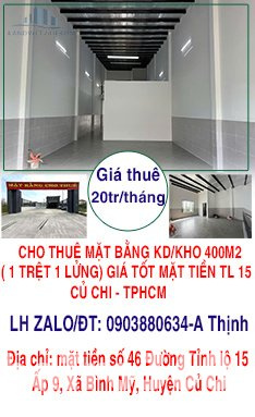 CHO THUÊ MẶT BẰNG KD/KHO 400M2 ( 1 TRỆT 1 LỬNG) GIÁ TỐT MẶT TIỀN TỈNH LỘ 15
