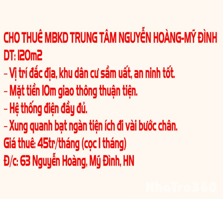 CHO THUÊ MBKD TRUNG TÂM NGUYỄN HOÀNG-MỸ ĐÌNH