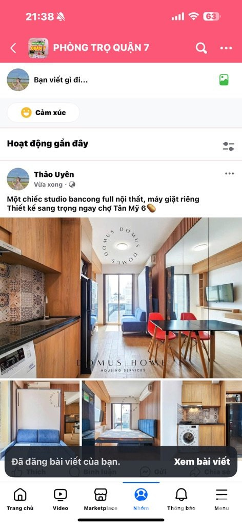 Cho thuê studio bancong full nội thất, chợ tân mỹ