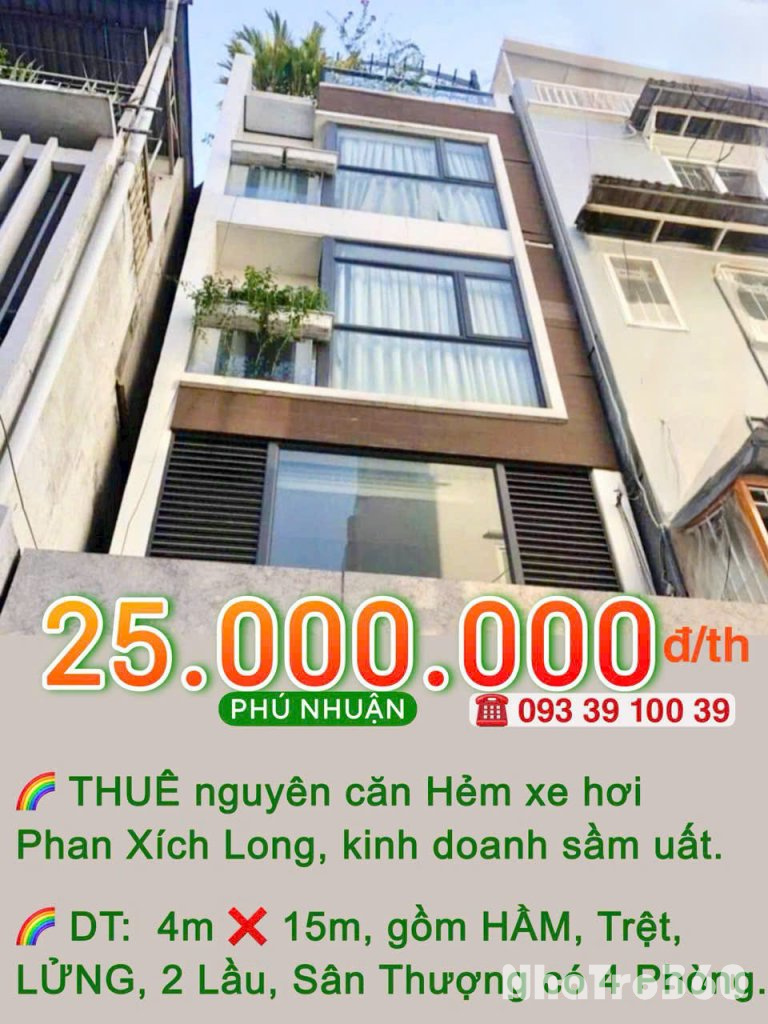 THUÊ NGUYÊN CĂN:  25.000.000 Đ/TH- HẺM XE HƠI PHAN XÍCH LONG- 60m2 - 5 TẦNG CÓ HẦM. LH:0933910039