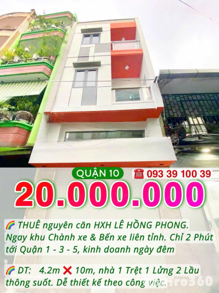 Thuê nhà nguyên căn HXH Q10- Ngang hơn 4m, 4 tầng suốt: 20 tr.LH: 0933910039
