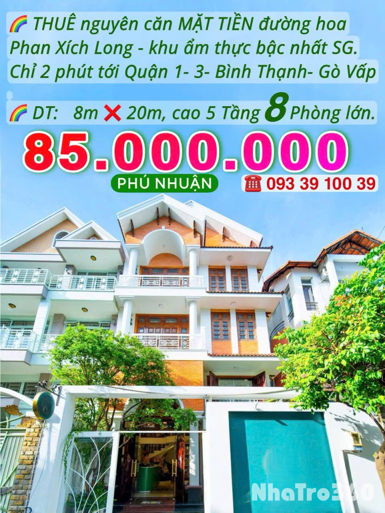 Thuê nguyên căn MẶT TIỀN đường hoa Phan Xích Long- 160m2- 5 tầng 8 Phòng: 85 Triệu. LH: 0933910039