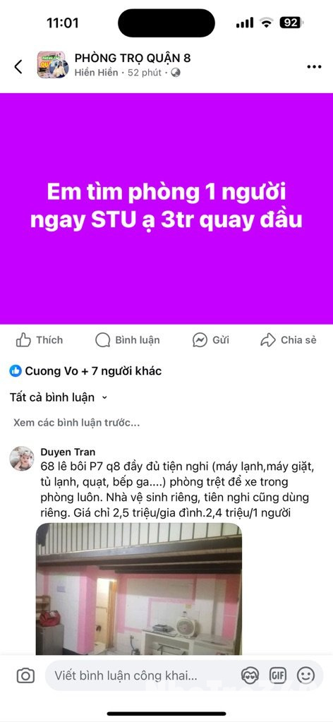 Tìm phòng trọ thông tin như bên dưới